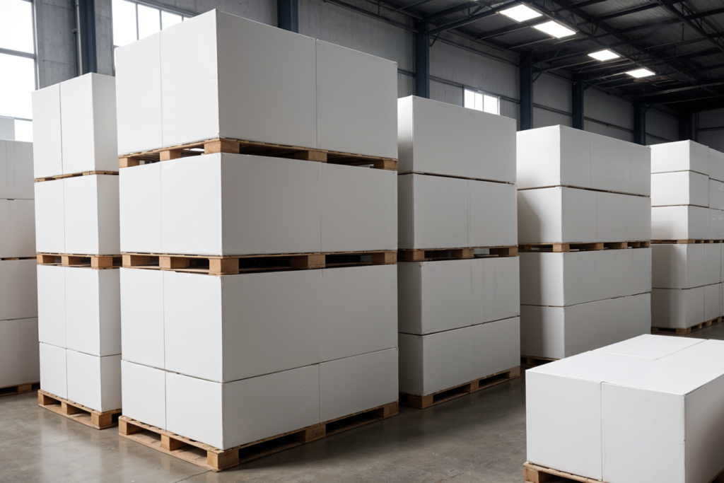 Склад газоблоків на палетах у виробничому приміщенні.